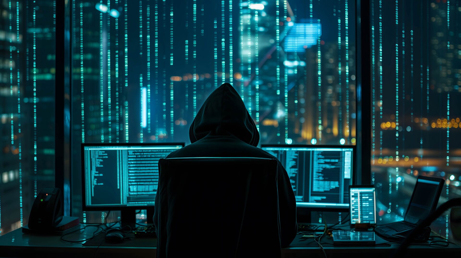 A hooded hacker works on two monitors with lines of code to steal data.